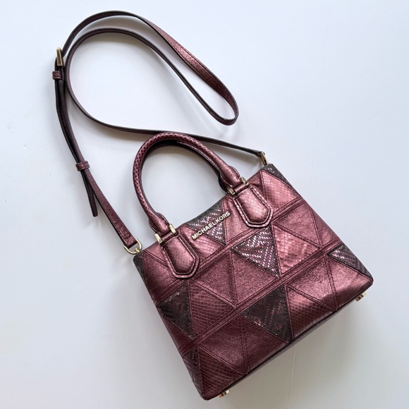 Michael Kors Adele Crossbody in Merlot Burgundy Metallic Snakeskin Patchwork - Picture 2 of 16